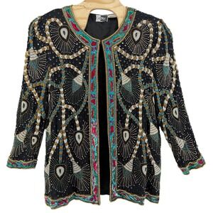 Carina Vintage 100% Silk Beaded Sequin Jacket 3X Black Multi Open Front Art Deco